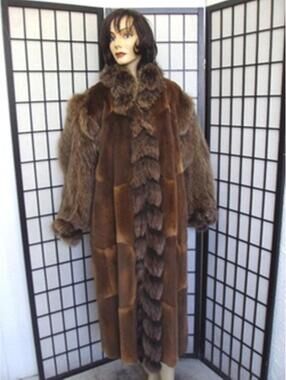 ! EXCELLENT SHEARED MUSKRAT FUR COAT JACKET W/FOX TRIMS WOMEN WOMAN SZ 12 MEDIUM